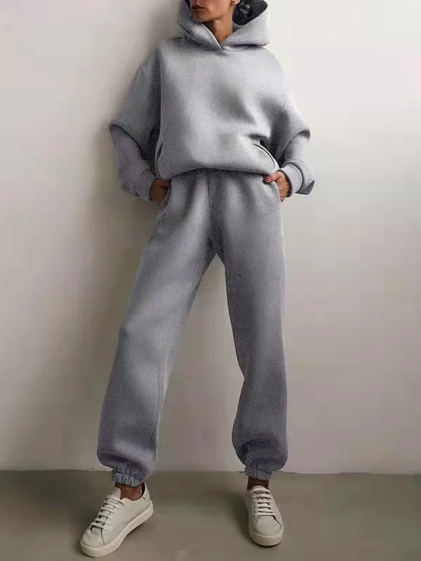 pink pant suit 2021 Autumn Winter Two Piece Set Women Casual Fleece Warm Solid Oversized Hooded Tracksuit Female Long Sleeve Sport Hoodie Suit ladies pant suits