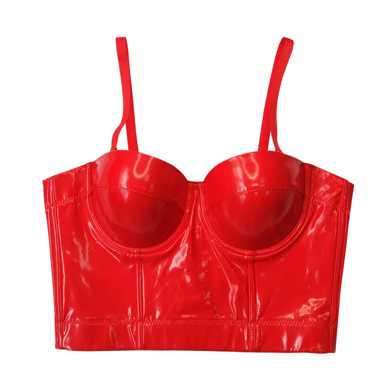 Sexy stain bra for women bright leather crop top camisole spot sexy tube top with steel ring PU leather fishbone brassiere femme