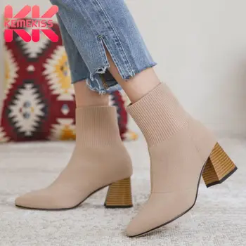 

KemeKiss Women Ankle Boots For Women Pointed Toe Thick Heel Sock Boots Thick Heel Autumn Shoes Ladies Footwear Size 34-39