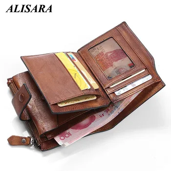 

Alisara Men Wallet 100% Genuine Leather Wallet Men Coin Purse Male Vintage Small Card Holder for Clamp for Money bag Zipper Soft