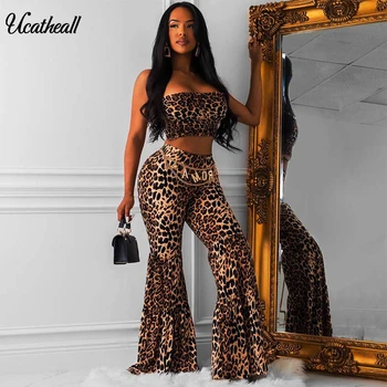 

Leopard Print Sexy Two Piece Set Women Strapless High Waist Summer Crop Top And Pants Set Off Shoulder Casual Women Set