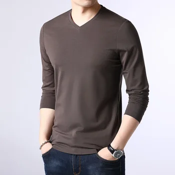

Long-sleeved t shirt men's autumn solid color V-neck bottoming shirt 1215