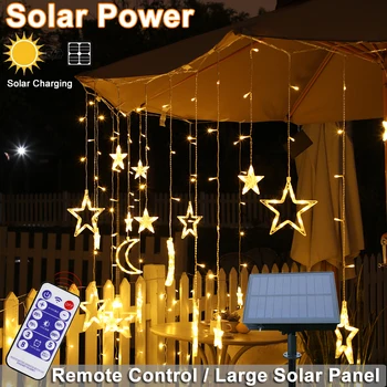 

Solar Powered Remote Control LED Curtain Lights with Stars Moons Dimmable 8 Lighting Modes with Timer Twinkle String Lights D30