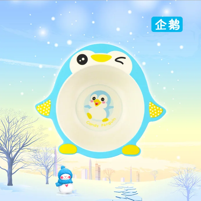 Детские миски из натурального бамбукового волокна, милые Мультяшные блюда с животными, посуда для кормления детей, портативная тарелка для малышей - Цвет: penguin-blue