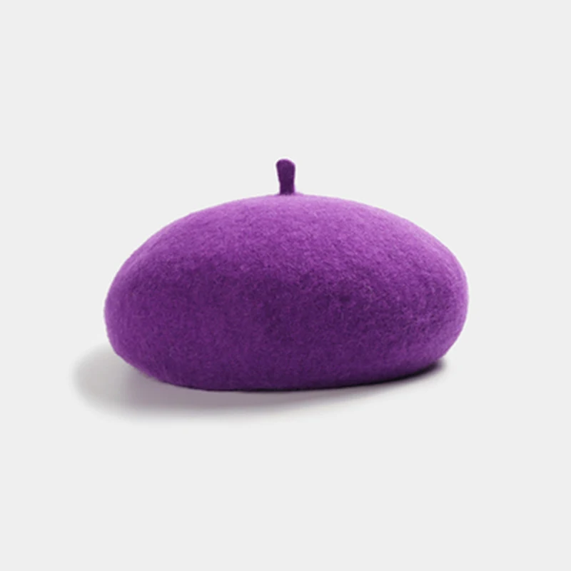 Purple Женский шерстяной берет в стиле ретро; зимняя теплая однотонная шляпа в горошек; элегантный женский берет из шерсти; простой берет с веревкой; головной убор - Цвет: Purple