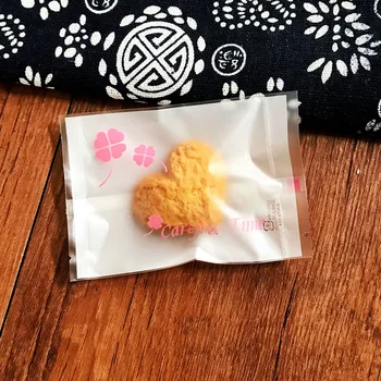 

100pcs/lot Pink Four Leaf Clover Carefree Time Baking Cookies Packaging Bag Transparent Plastic Sachets Baby Shower Gift Bags