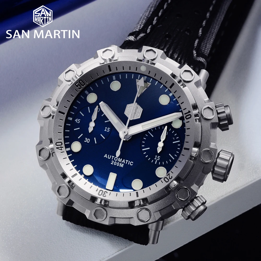 Мужские механические часы San Martin Diver из титана класса 5 швейцарские ETA 7753 хронограф