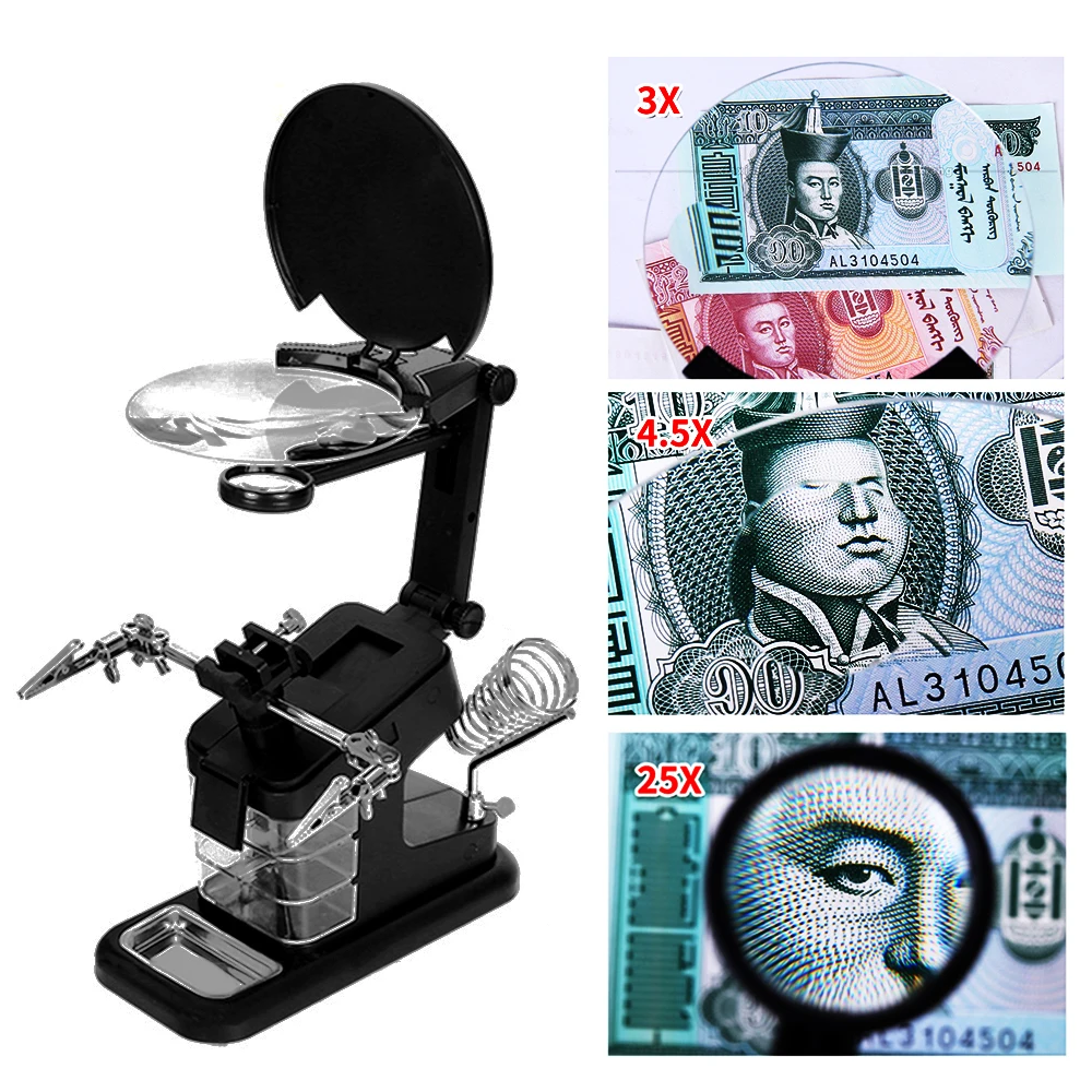 Soldering Iron Welding Magnifying Glass 2 LED 3X 4.5X 25X Helping Hand Rework Magnifier with 3 Tools Boxes Desk Station Repair