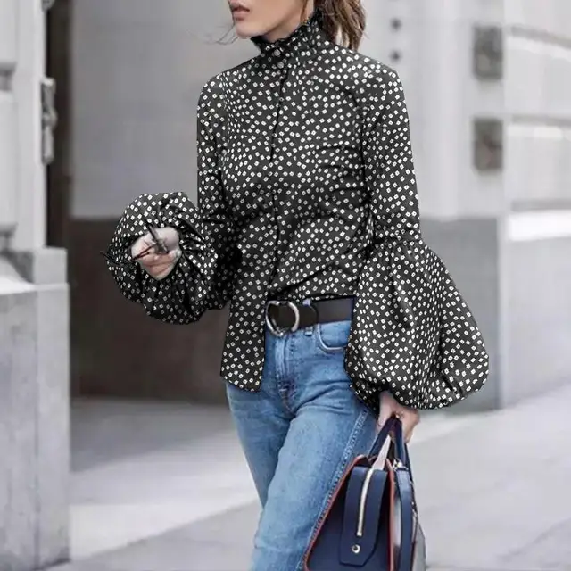 Women High Collar Blouses Vonda Elegant Long Latern Sleeve Shirts 