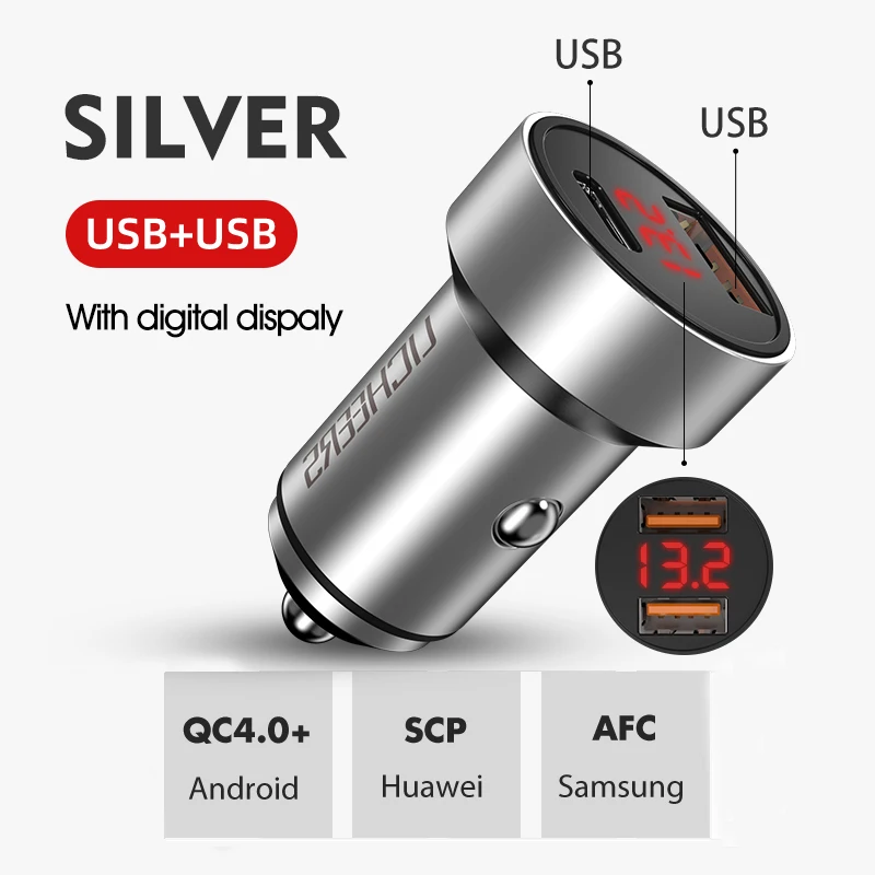 Licheers Quick Charge 4,0 3,0 USB Автомобильное зарядное устройство для iPhone Xiaomi samsung QC4.0 QC3.0 QC Dual USB PD быстрое автомобильное зарядное устройство для мобильного телефона - Название цвета: silver digital