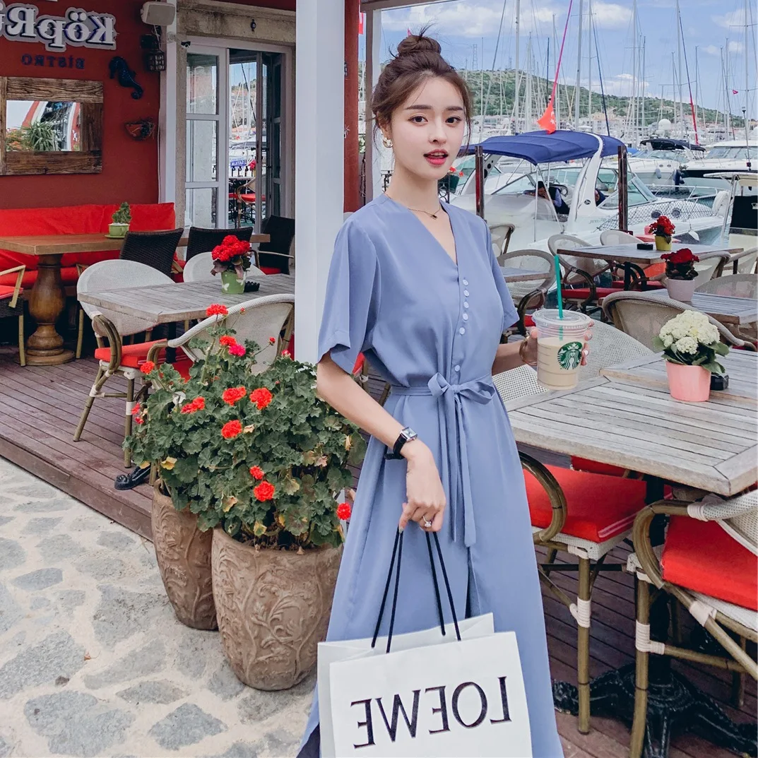 

Photo Shoot Main Push Sense of Design Elegant Ol Deep Space Blue Long V-neck Single Breasted Waist Hugging Lace-up Shirt Dress W