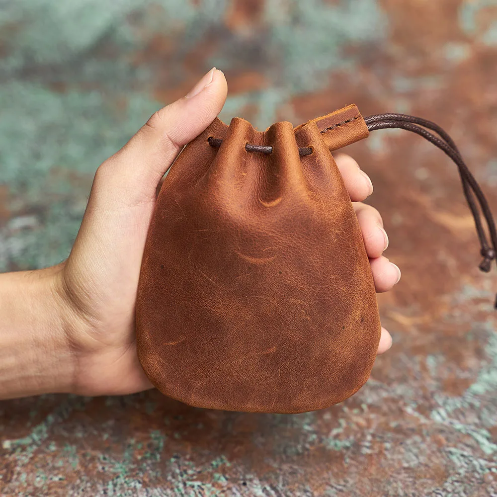 Vintage Leather Coin Purse | Unisex Small Wallet with Drawstring Closure
