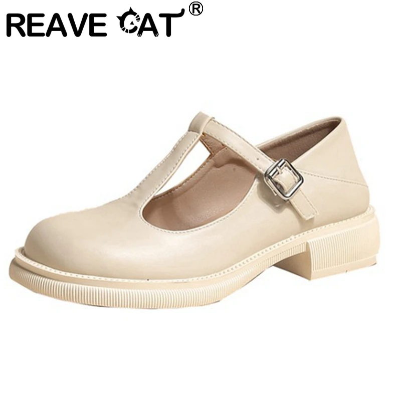 

REAVE CAT Mid Heel 2021 Autumn New Small Patent leather Trifle Thick Soled Increased Single Shoes Women Size 33-43 F1610