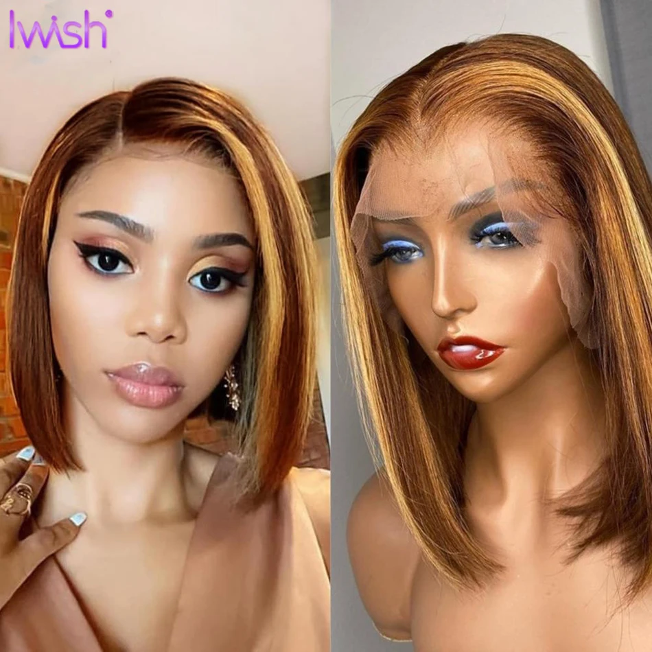 

Ombre Highlight Wig 13x4 HD Transparent Lace Front Wig Straight Ombre Bob Wig Ombre Brown Honey Blonde Short Bob Lace Front Wig