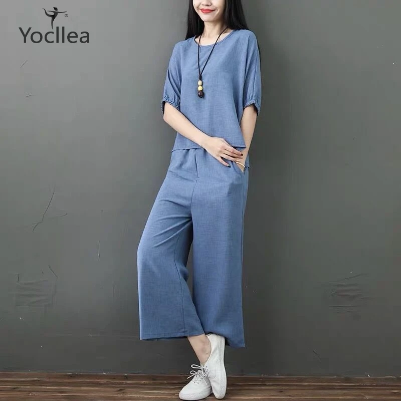 

Plus size Summer two piece set Women Loose short sleeve Tops + Ankle-Length Wide leg Pants women's sets