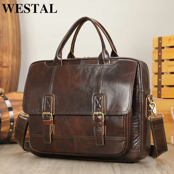 

WESTAL men's briefcase bag men's genuine leather laptop bag men vintage designer luxury brand porte document office bag for men