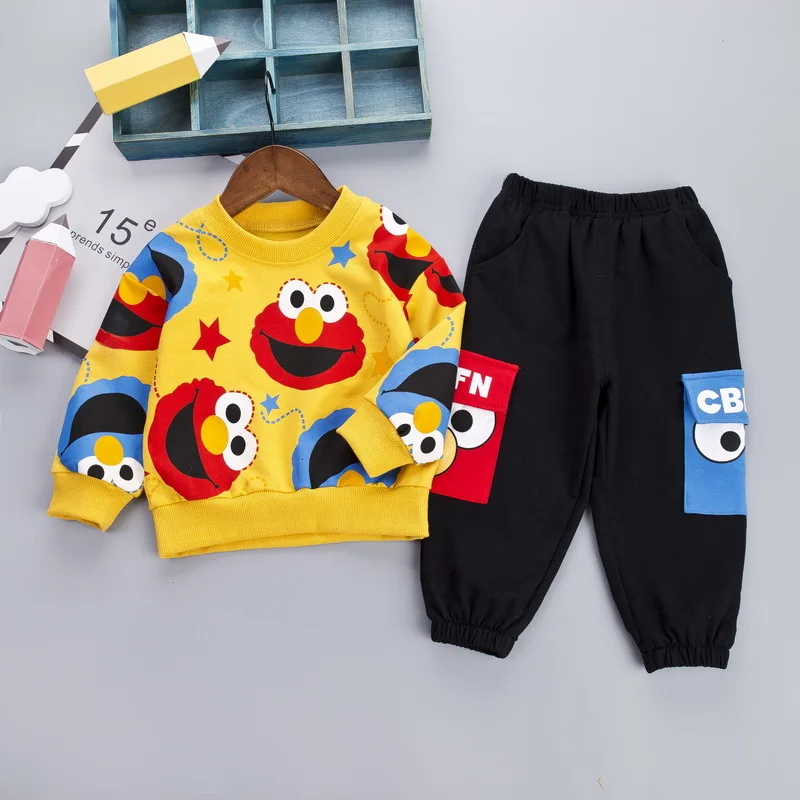 Комплект одежды с героями мультфильмов для маленьких мальчиков и девочек; футболка+ штаны; комплект одежды с длинными рукавами с героями мультфильмов; цвет желтый, белый; одежда для малышей