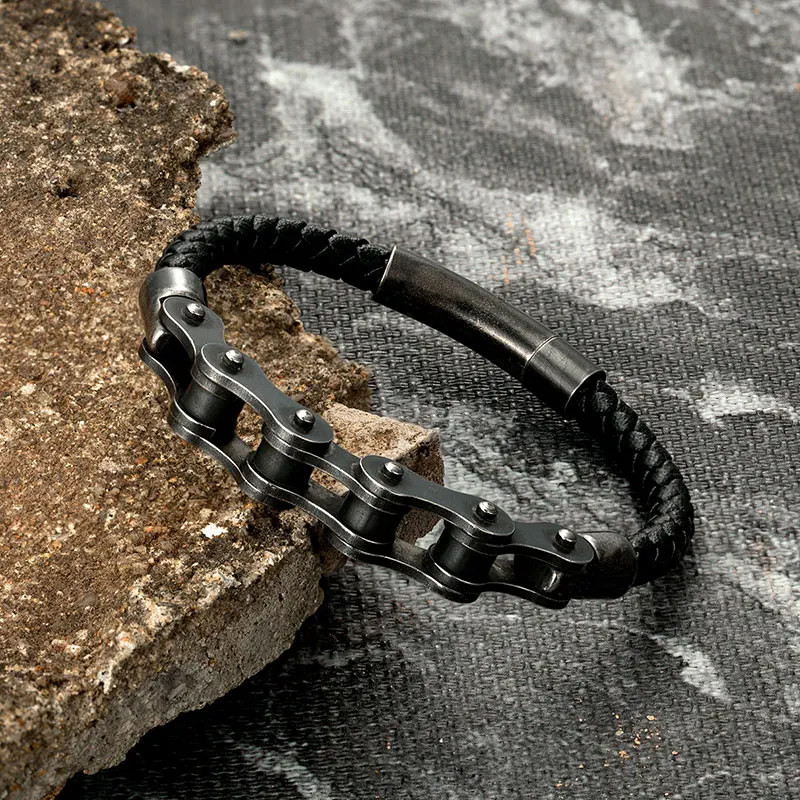 Vintage Braided Genuine Leather Men Stainless Steel Bracelet Motorcycle Bike Chain Wristband Punk Male Wholesale Bangle Jewelry
