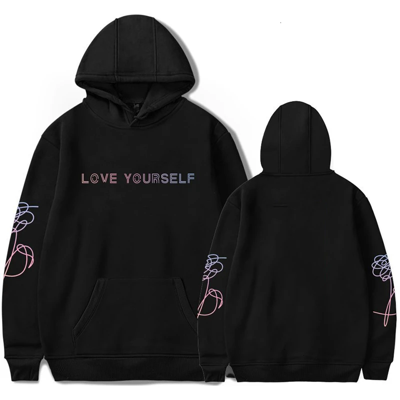Осенняя толстовка с капюшоном с надписью «Love Yourself» Kpop Enjoy casual Love Own Ladies Hoodie Bangtan Boy теплая толстовка с длинными рукавами - Цвет: black
