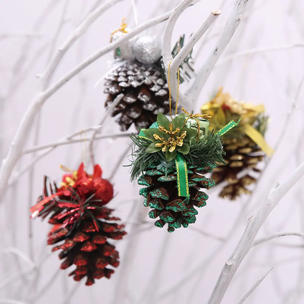 

4PCS DIY Christmas Tree Pendant Christmas Pine Cone Hanging Ornament Gold Silver Christmas Party Office Decoration Home Decor