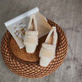 

Ins Hot Winter Women Shoes Cow Leather Wool Shoes Square Toe Chunky Heel Pearl Decoration Warm and Comfortable Slip-On Shoes