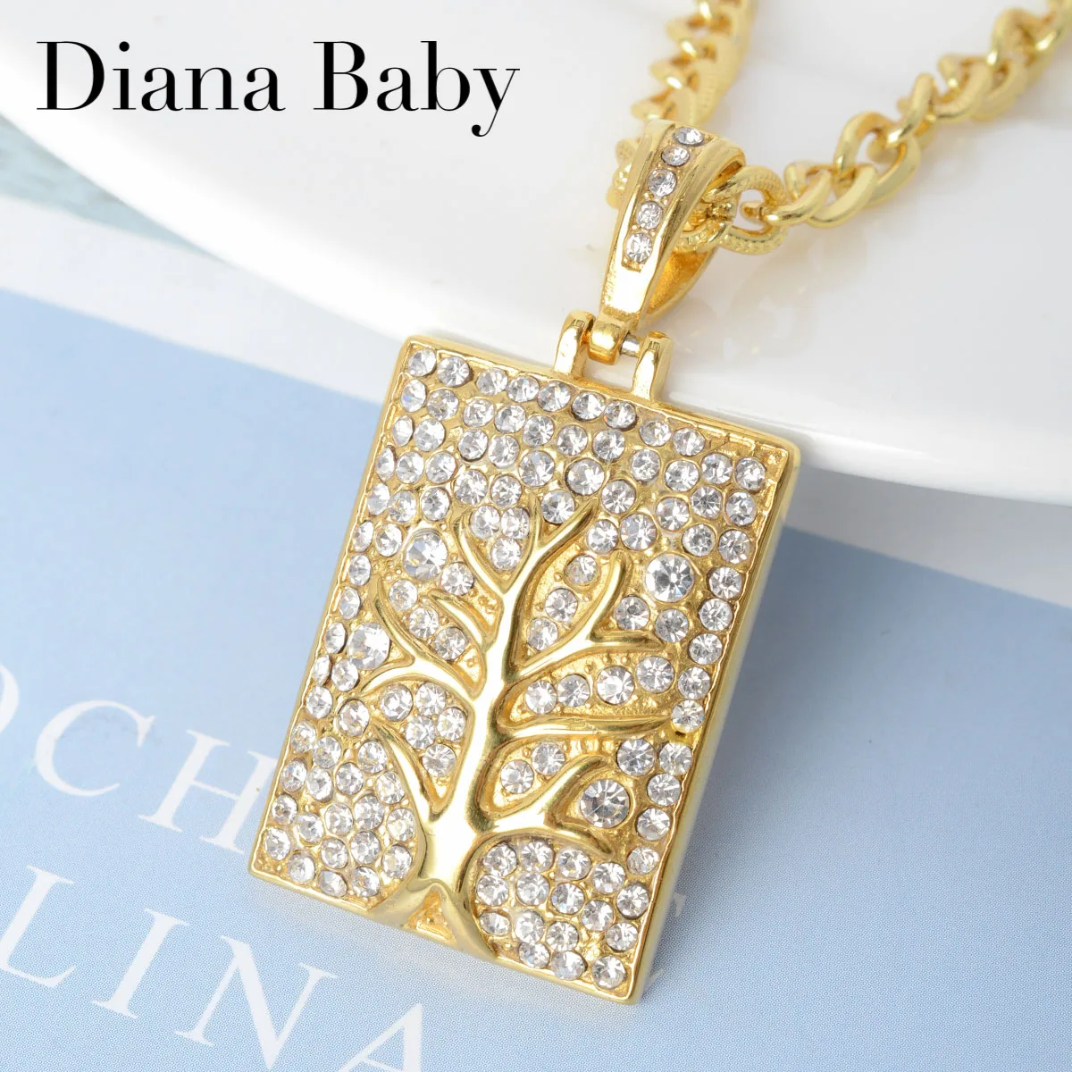 

Diana Baby Jewelry Iced Out Zircon Stainless Steel Tree Pendant&Necklace Link Chain 60cm Men's Jewelry Hip Hop Rock Rapper