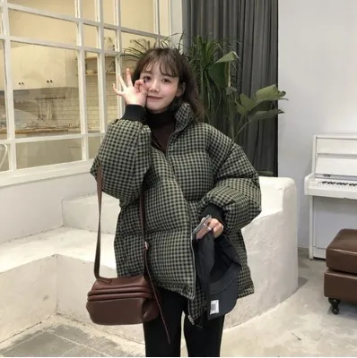 

2019 New Style Winter Korean-style INS Super Fire Celebrity Style Versatile Warm Plaid Hand Cotton of down Coat Women's
