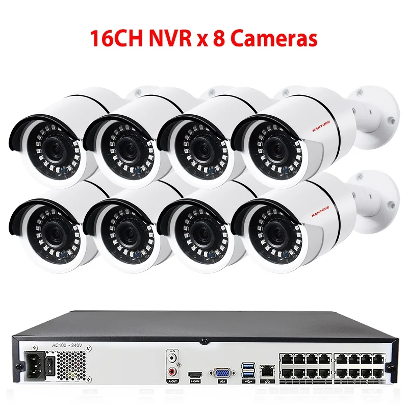 16CH NVR x 8 Camera KANTURE 16CH H.265+ 4K 5MP POE NVR комплект 16 шт. аудио 1080P IP66 Антивандальная безопасность уличная IP камера система видеонаблюдения - Цвет: 16CH NVR x 8 Camera