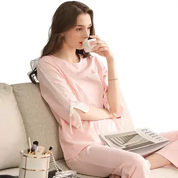 

2020 New Arrival Sweet Women's Summer Cotton Night Sleepwear Pajamas Set Solid Short Shirt and Pants Casual Homewear Set