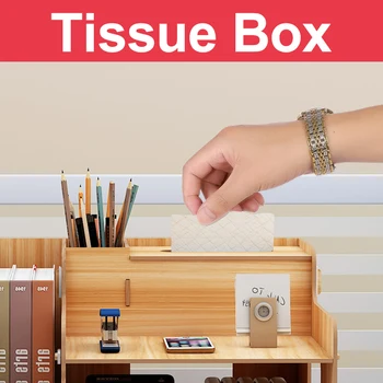 

Multi-function Desktop Organizer Wooden Storage Box Office File Tray Adjustable Wood Display Shelf Tissue Holder with Drawer