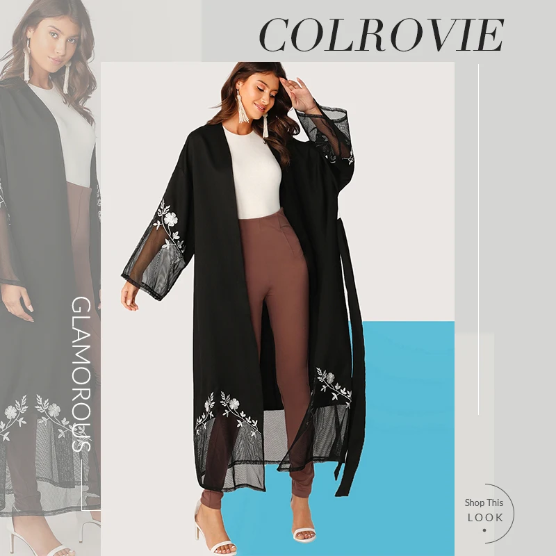 COLROVIE/черное открытое переднее Сетчатое цветочное кимоно с вышивкой, женские повседневные удлиненные Топы, осенняя женская верхняя одежда с поясом