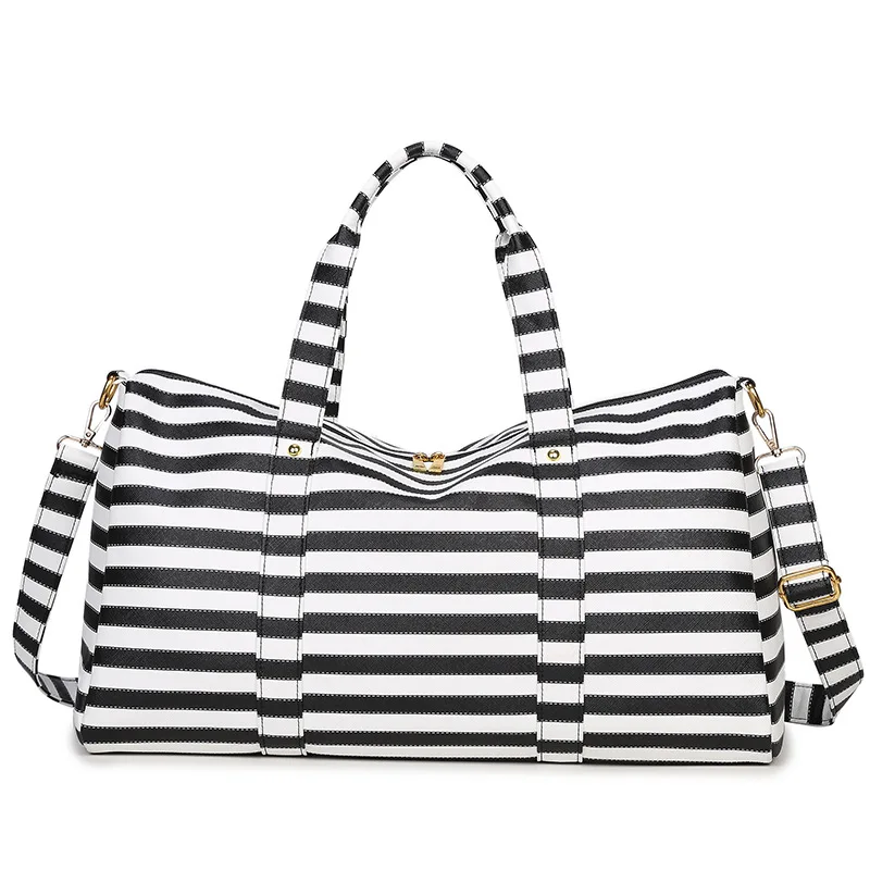 

Fashion Striped Laptop Package Travel Bag Multifunction Tote Bag PU Leather with Shoe Pocket Durable Satchel Black and White