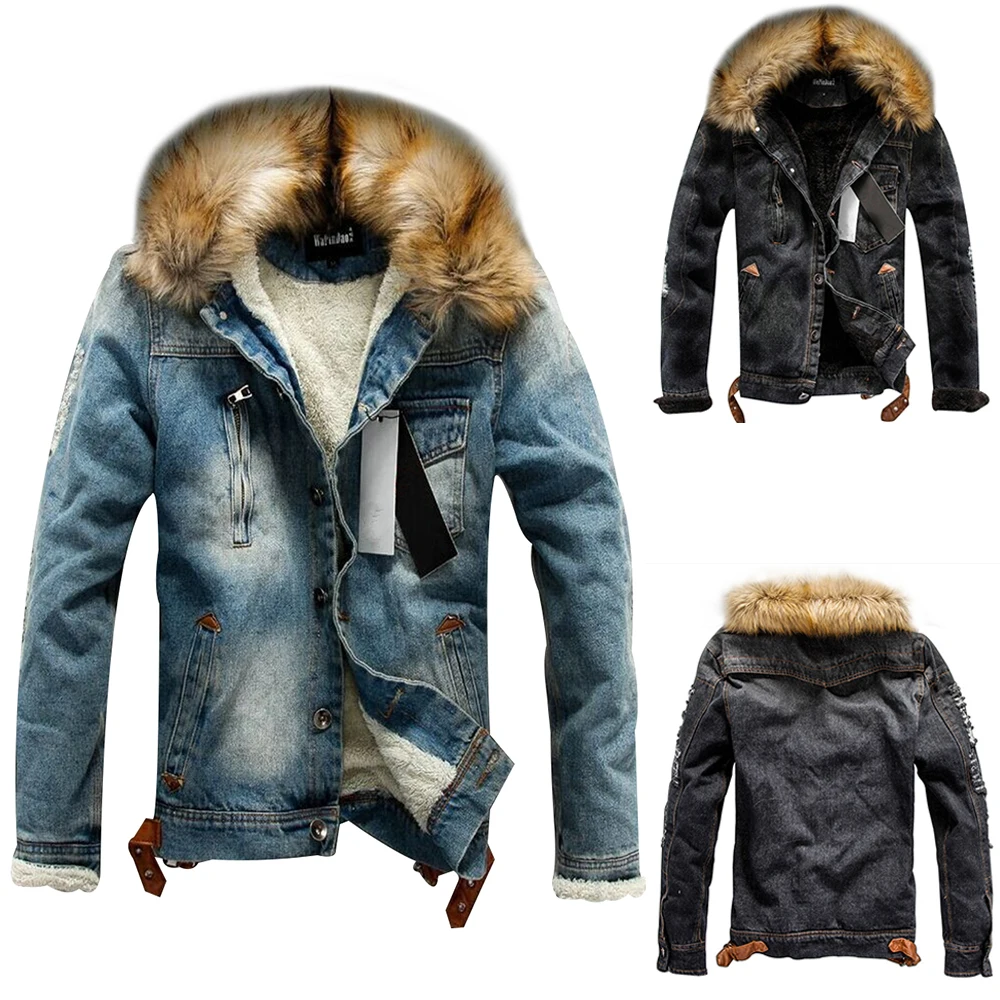 

Men Jacket Couple's Denim Jacket With Plush Men Light Blue Winter Jean Outerwear Warm Denim Coats New Thicker Winter Clothes