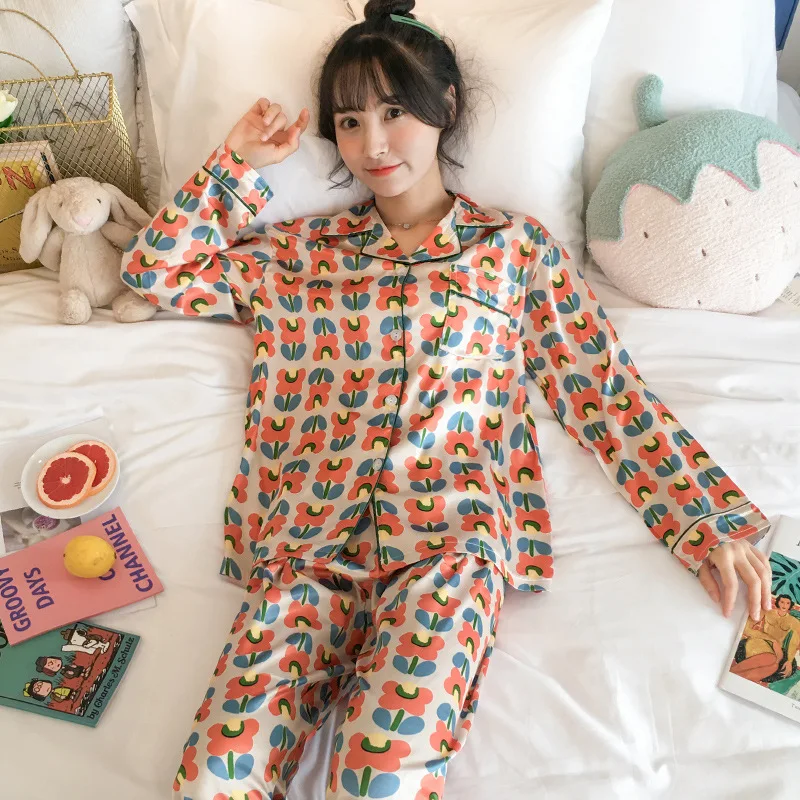 

Pajamas Women's Spring And Autumn Long Sleeve Viscose Thin Cute Small Flower Silk Two-Piece Set Students Outer Wear Tracksuit