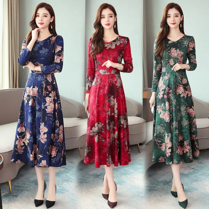 

Hot Selling Spring New Style Korean-style Mid-length Dress WOMEN'S Dress Korean-style Slimming Printed Long Sleeve Crew Neck A-