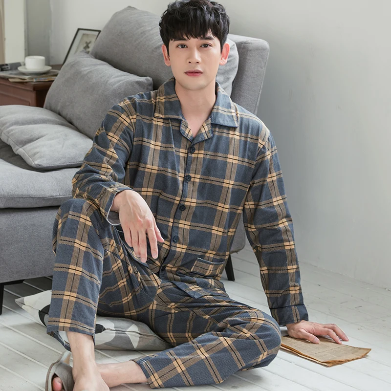 Winter 100% Pure Cotton Pajamas Men 2 Pieces Lounge Sleepwear Bedgown Men PJ Pijama Hombre Home Clothes Plus Size Pyjama Homme