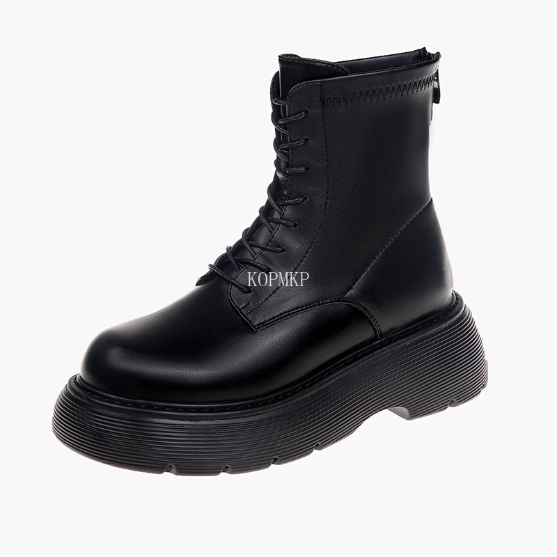 Женские ботильоны на платформе черные ботинки шнуровке с ремешком пряжкой