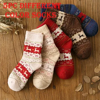 

5-pairs Women New Winter Comfortable Printing Christmas Mid Tube Socks Retro Cotton Breathable Leisure The New Warm Socks
