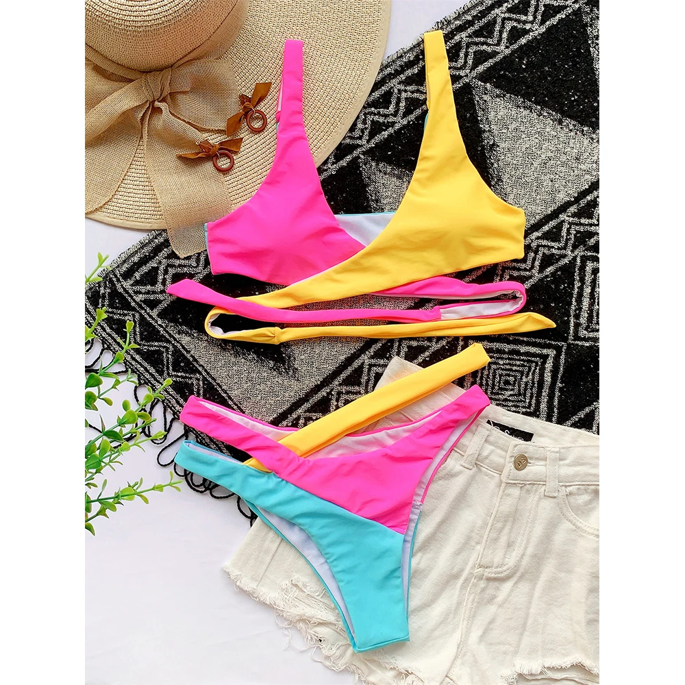 Contrast Color Bikini Women Swimsuit Cross Push Up Swimwear Female Bandage Bikini Set 2020 Bathing Suit Beachwear Swimming Suit