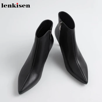 

Lenkisen hot genuine leather med heels pointed toe stiletto beauty lady office autumn winter basic solid women ankle boots L50