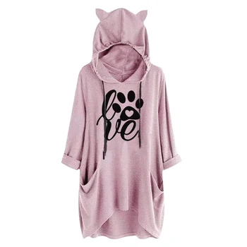 

Autumn Winter New Cartoon Paws Printed Hooded Sweatshirt Loose Casual Long Sleeves Pullover Fashion Cute Cat Ear Women Hoodies