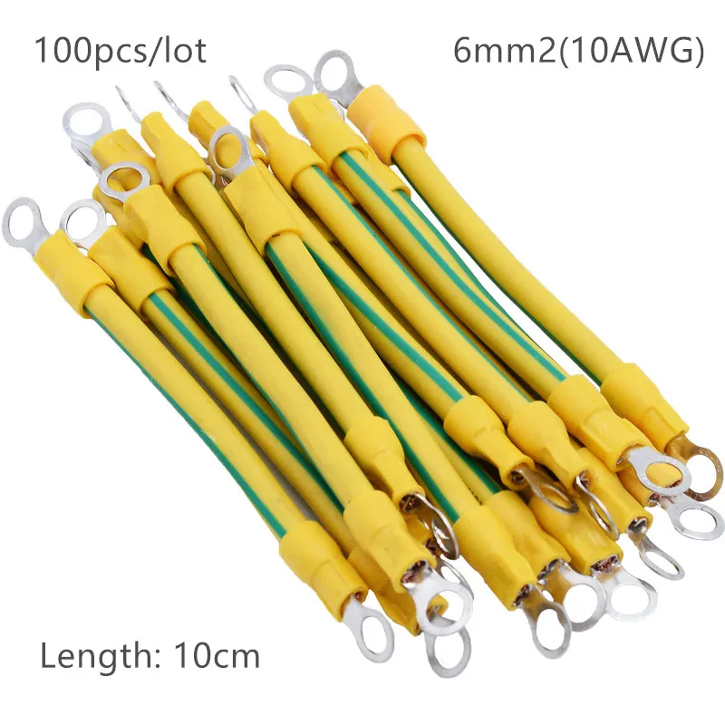 

100pcs 10cm Length 10 AWG 6mm2 BVR Yellow-Green Solar Grounding Wire with Terminals Copper PV Cabinet Bridge Leakage Earth Cable