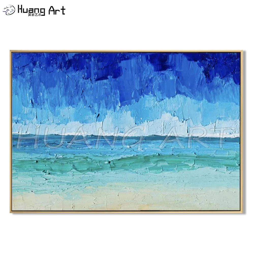 キャンバスに抽象的な海の波の風景画 手描きのモダンな青い空 海景のナイフ 壁の装飾のための油絵 画像 絵画 書道 Aliexpress