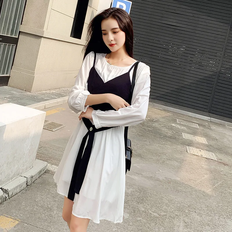 

2019 Waist Hugging Slimming Korean-style Small Camisole + Long-sleeved Dress-Style Elegant Two-Piece Autumn Women's