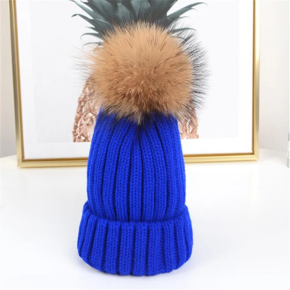 Royal blue Женская и сочетающаяся детская однотонная шапочка большого размера, натуральный мех, помпон для взрослых, вязаное, тёплое, зимнее, шляпа для девочек, шляпа с лентами - Цвет: Royal blue