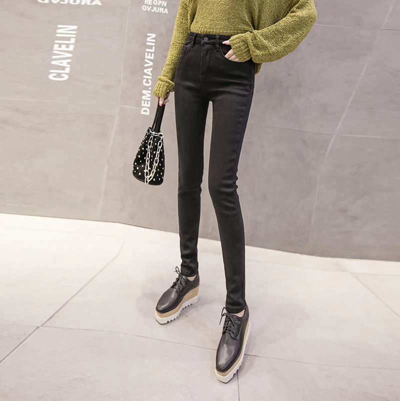 Джинсы женский стиль плюс бархат с высокой талией Корейская версия Тонкий был тонкий дикий обтягивающий девять футов