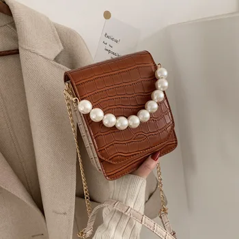 

Pearl Handle Shoulder Messenger Bag With Handle Stone Pattern PU Leather Crossbody Bags For Women 2020 Handbags and Purses brown