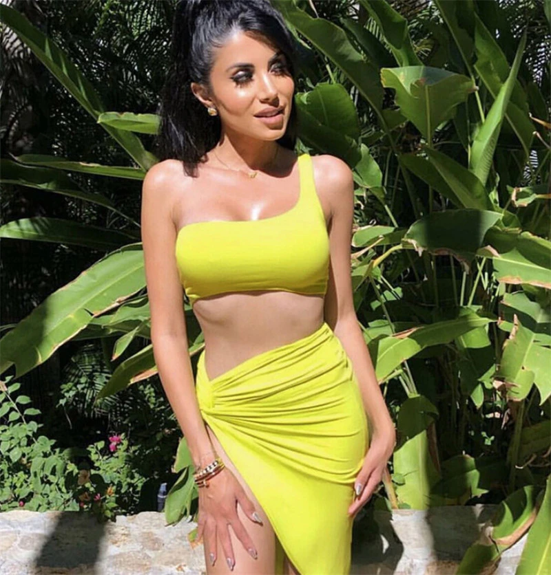 yellow one shoulder crop top