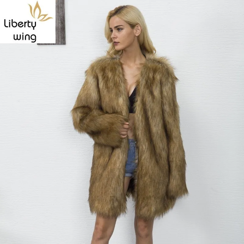 

2020 New Arrival Winter Long Fashion V Neck Faux Woman Coat Elegant Slim Fit Party Fur Jacket Plus Size S-3XL