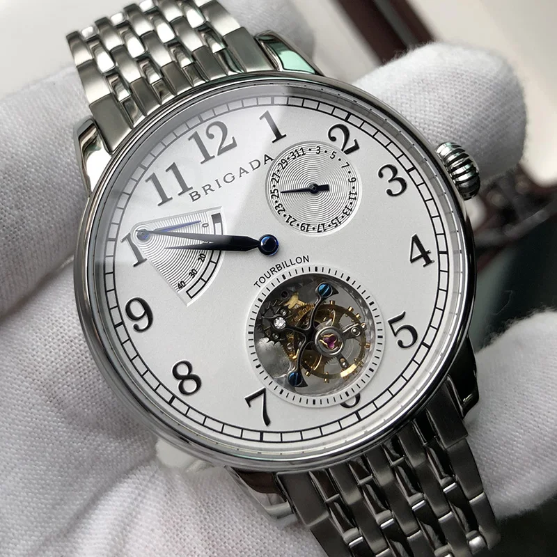 Лидирующий бренд, мужские механические часы с турбийоном, часы с календарем из нержавеющей стали ST8001, мужские наручные часы с двойным сапфировым циферблатом